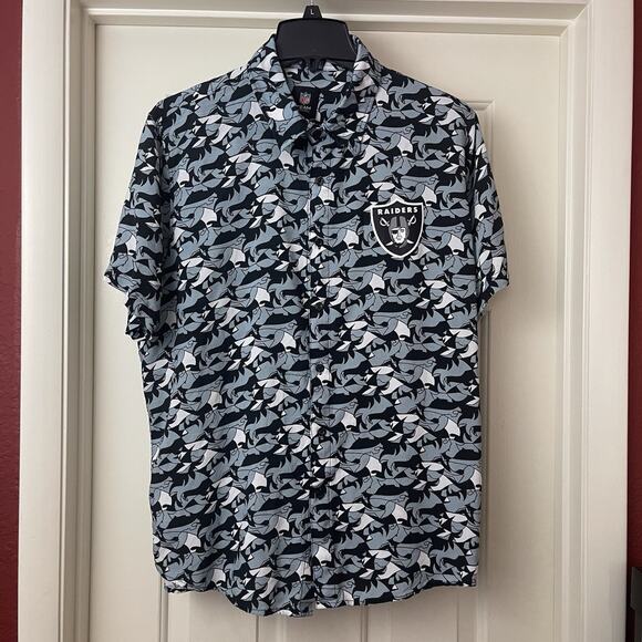 NFL Team Apparel Las Vegas Raiders Camp Shirt Mens L Black Button Up Cabana AOP - Picture 3 of 11